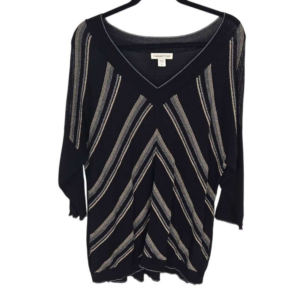 Coldwater Creek womens L 14 black silver gold metallic short sleeve sweater
